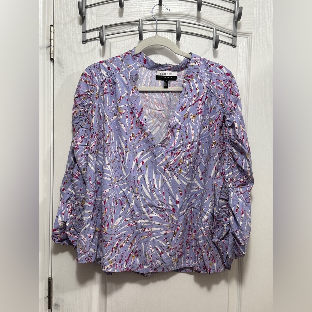 Eloquii Elements Blouse Womens 20 Purple Zebra Print V Neck Puff Sleeve Top‎